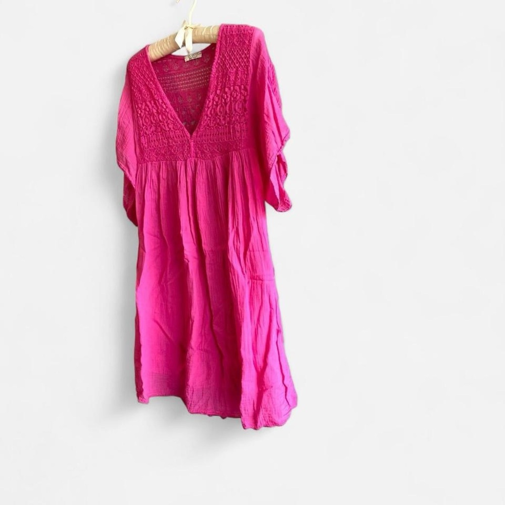 100% cotton pink lace v-neck mini dress